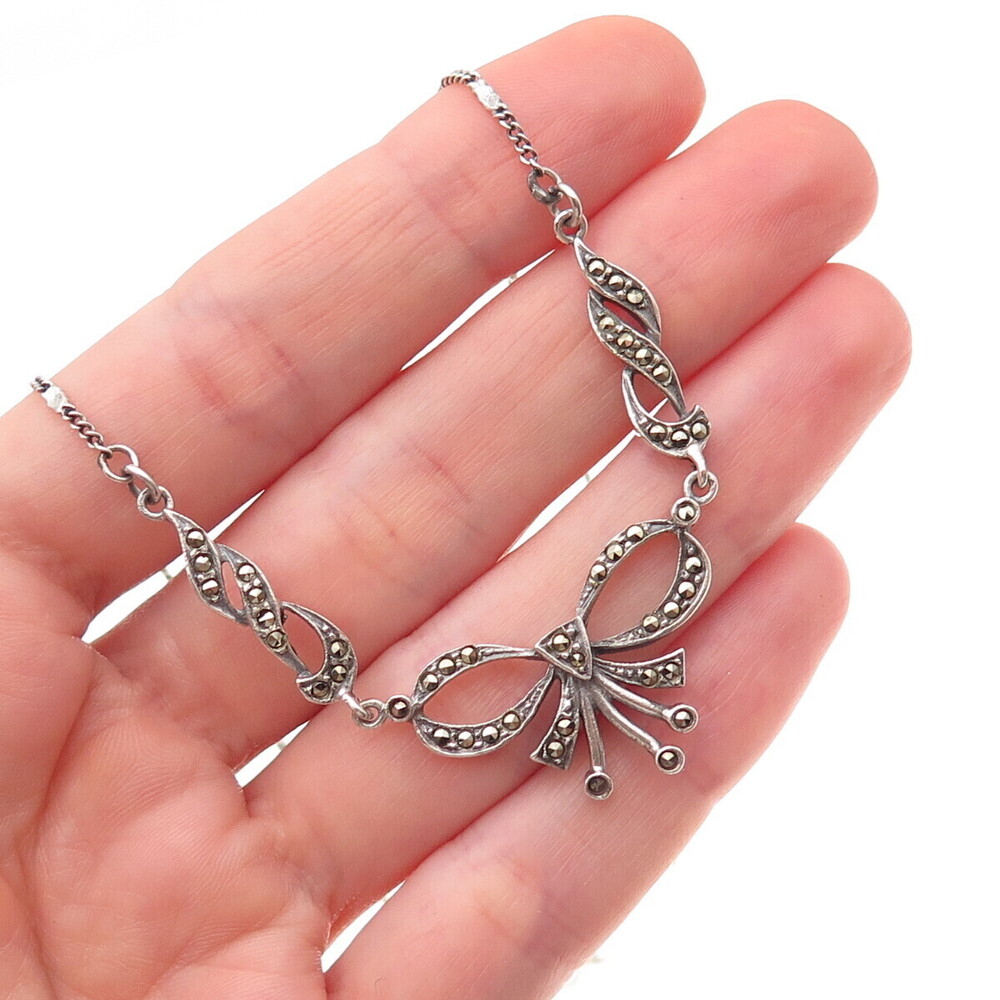 925 Sterling Silver Vintage Real Marcasite Bow Oxidized Cuban Chain Necklace 18"